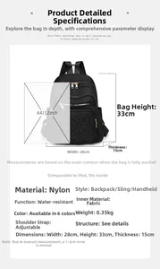Detailed dimension chart showing 28x33x15cm size for black waterproof nylon backpack