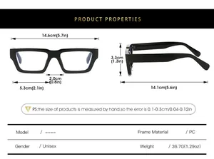 Detailed size chart for square thick-frame glasses showing PC frame dimensions and weight