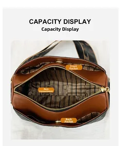Interior view showing the three functional compartments of the brown quilted crossbody bag
