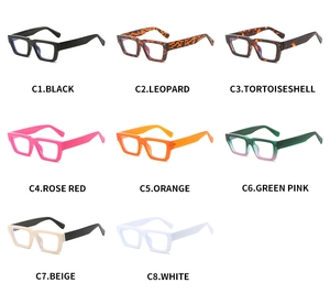 Matrix of thick square frame glasses in eight various colors and vintage fashion patterns