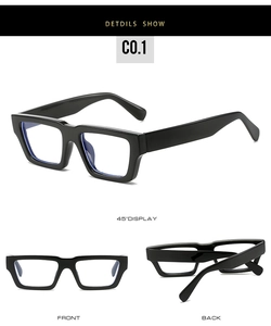 Detailed views of thick square black frame glasses with polished finish and blue light filter