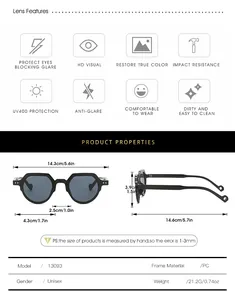Size chart showing frame width 14.3cm and leg length 14.6cm for retro PC sunglasses