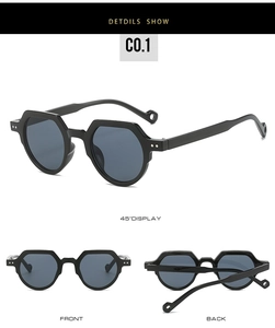 Detailed views of black geometric sunglasses with unique circular cutouts on temples