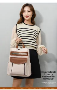 Detailed view of cream PU leather backpack showing three-way carry modes on a model
