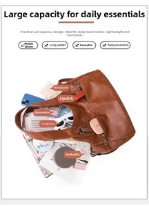 Detailed view of brown faux leather tote bag interior showing spacious capacity for items