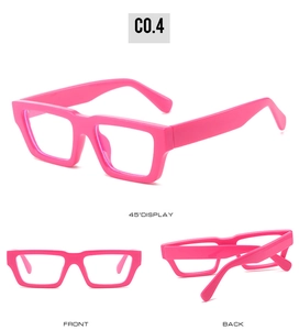 Detailed views of bright pink thick square glasses frames from front, back, and 45 degree angles