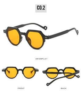 Multi-angle views of black hexagonal sunglasses with retro orange lenses and metal rivets