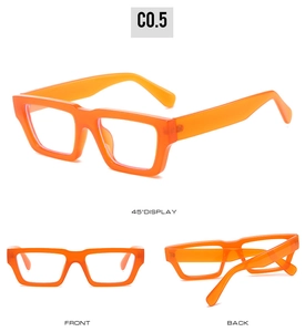 Detailed views of thick square orange glasses frames showing front and back perspectives