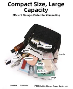 Black quilted backpack interior capacity showing iPad, umbrella and makeup storage