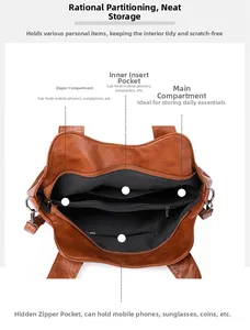 Top view of brown leather handbag interior with multiple storage compartments and zipper