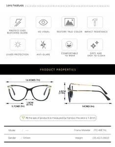 Size chart showing TR90 cat eye glasses frames with detailed physical dimensions