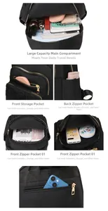 Detailed internal view of black nylon backpack with multiple compartments and gold zippers