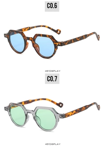 Detail view of vintage polygon sunglasses in tortoiseshell and transparent grey frames