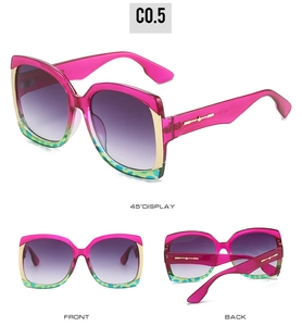 Detailed views of rose pink square sunglasses with gradient lenses and gold accents