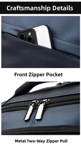 Détail du sac à dos de voyage avec poche zippée frontale et fermetures éclair métalliques