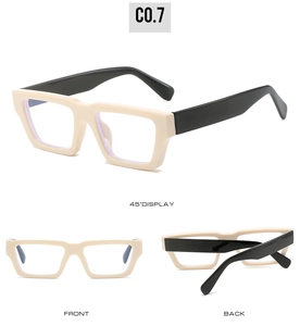 Three views showing thick square off-white frame with black temples and 45-degree angle