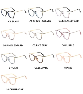 Collage of cat eye blue light glasses frames in ten various colors and patterns