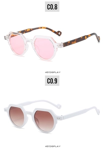 Detailed 45-degree view of geometric polygon sunglasses in transparent and white frames