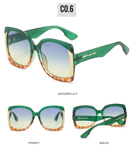 Three-view layout of large frame sunglasses with green resin frames and gradient lenses