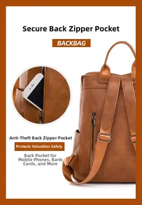 Detail view of the secure anti-theft back zipper pocket on a brown leather backpack