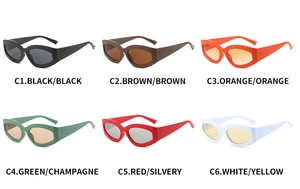 Set of six colorful cat eye sunglasses in black, brown, orange, green, red, and white