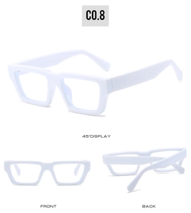 Three perspectives of thick white rectangular glasses frame with anti-blue light lenses