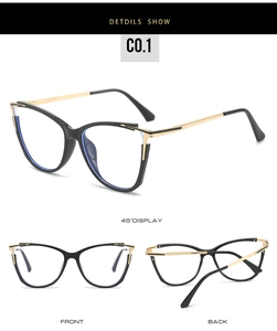 Cat eye glasses frames with gold metal temples and blue light blocking lenses