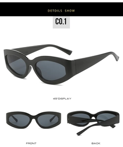 Multiple views of black cat-eye sunglasses including 45 degree, front and back angles