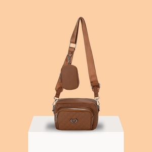 Women Quilted PU Leather Crossbody Bag With Heart Metal Buckle Wide Adjustable Strap And Detachable Small Round Pouch