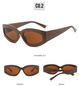 Multi-angle view of vintage oval cat-eye sunglasses with wide temples in dark brown