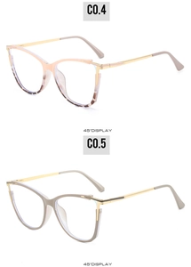Detailed 45-degree view of cat eye TR90 eyeglass frames in pink leopard and tan colors