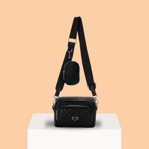 Black soft PU leather quilted crossbody bag with adjustable wide strap and round coin purse