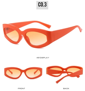 Three-angle views of retro cat-eye sunglasses with bright orange frames and tinted lenses