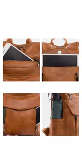 Detail of vintage brown backpack showing multi-pocket storage and pebbled leather texture