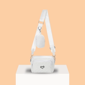 White quilted PU leather crossbody bag set with heart metal decor and wide strap