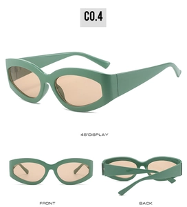 Three-view display of vintage cat-eye sunglasses with Morandi green frames and tan lenses