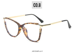 45-degree angle view of retro cat-eye glasses with tortoiseshell frame and gold metal temples