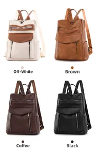 Detailed view of women's vintage PU leather backpacks in white, brown, coffee, and black