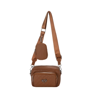 Brown soft PU leather crossbody bag with quilted stitching and wide shoulder strap