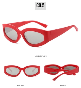 Three-view detail of red cat-eye sunglasses with gray lenses from different angles