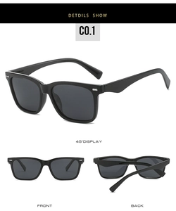 Three-angle view of square polarized sunglasses with matte frame and silver temple detail