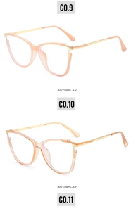 Detailed 45-degree angle view of TR90 cat-eye anti-blue light glasses frames in pink and tea colors
