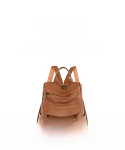 Detailed view of the brown leather backpack showing multiple functional zipper pockets