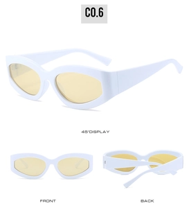 Three-angle views of white cat-eye sunglasses with yellow lenses showing front and side detail