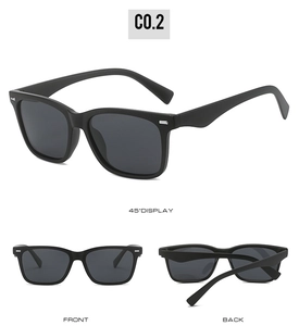 Three-view layout of matte black square polarized sunglasses with silver corner accents
