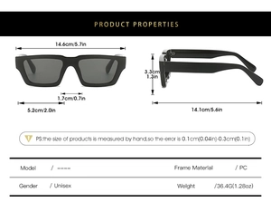Detailed dimensions of black rectangular thick frame sunglasses with PC material specs