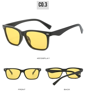 Multi-angle view of square matte sunglasses featuring vibrant yellow polarized lenses
