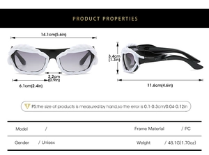 Détails des lunettes de soleil Y2K futuristes avec dimensions et poids du cadre PC