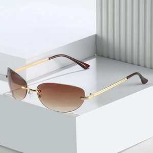 Chic rimless cat-eye sunglasses with gradient brown lenses and golden metal temples