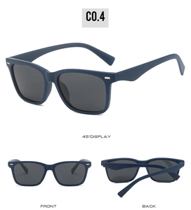 Three views of matte navy square polarized sunglasses for men showing all angles